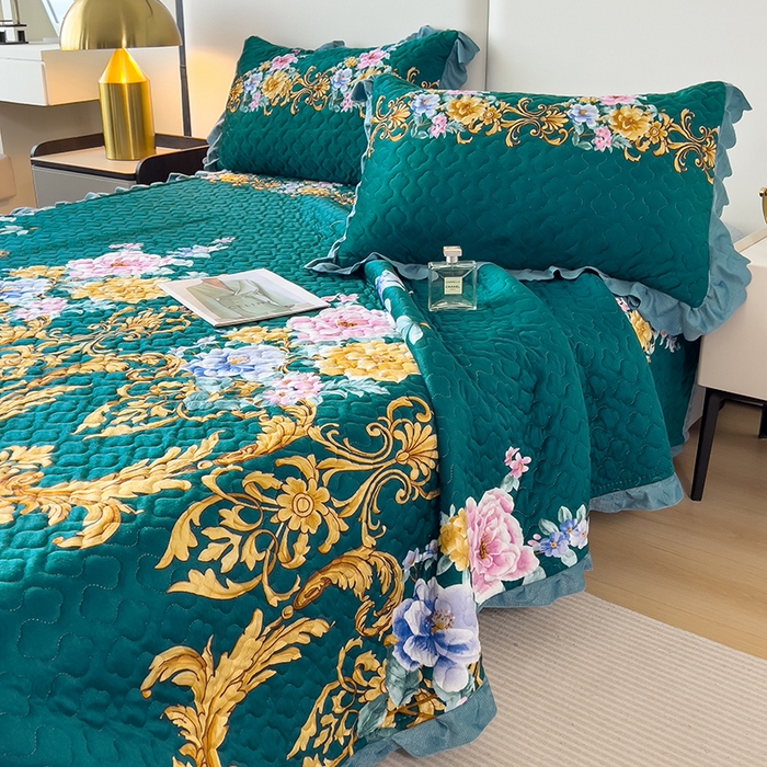 91家纺网 家纺一手货源 找家纺 2025新款水晶绒床单盖毯单人三件套花边毯子冬季加厚保暖双人加棉防滑绒毯 欧式墨绿