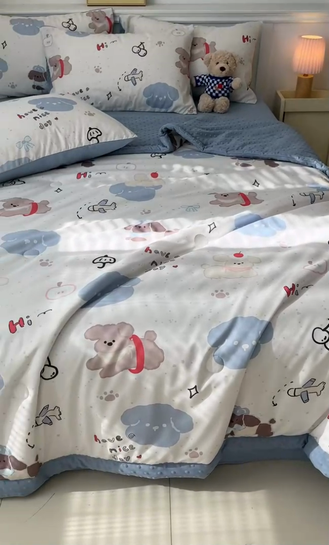 91家纺网 家纺一手货源 找家纺 盛秋家纺 2026新款A类水洗棉豆豆夏被系列 开心乐园+海清