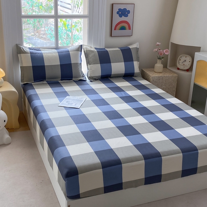 91家纺网 家纺一手货源 找家纺 凌云2025新款13372A类全棉床笠    蓝大格