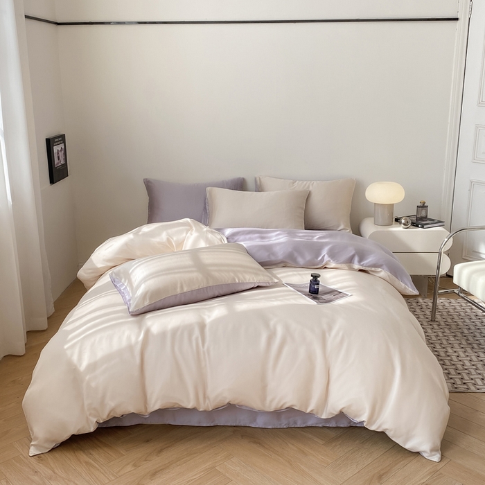 91家纺网 家纺一手货源 找家纺 繁花家居  2025新款亲肤舒适A类高支密冰丝素色冰丝四件套-风格一 白桃芋紫