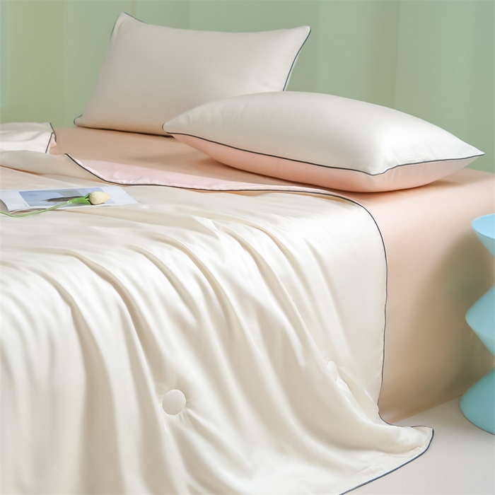 91家纺网 家纺一手货源 找家纺 笙意家纺 2025新款凉感水洗真丝麻绳双拼夏凉被-华尔兹系列 华尔兹-奶昔白+奶油粉