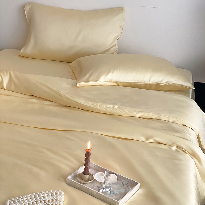 91家纺网 家纺一手货源 找家纺 繁花家居  2025新款亲肤舒适A类高支密冰丝素色冰丝四件套-风格一 黄桃蜜恋