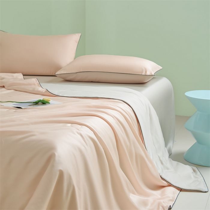 91家纺网 家纺一手货源 找家纺 笙意家纺 2025新款凉感水洗真丝麻绳双拼夏凉被-华尔兹系列 华尔兹-奶油粉+山灰