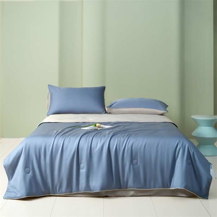 91家纺网 家纺一手货源 找家纺 笙意家纺 2025新款凉感水洗真丝麻绳双拼夏凉被-华尔兹系列 华尔兹-宾利蓝+山灰