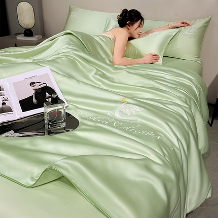 如一 2025新款水洗冰丝麻绳夏被四件套天鹅系列 天鹅-果绿
