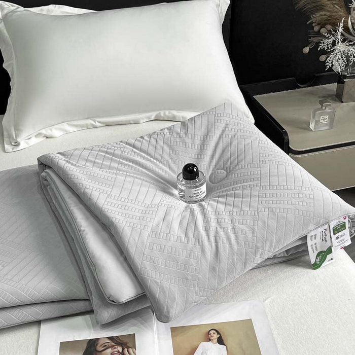91家纺网 家纺一手货源 找家纺 子由家居 2025新款凉感丝浮雕提花大豆夏被被子被芯 经典格-浅灰