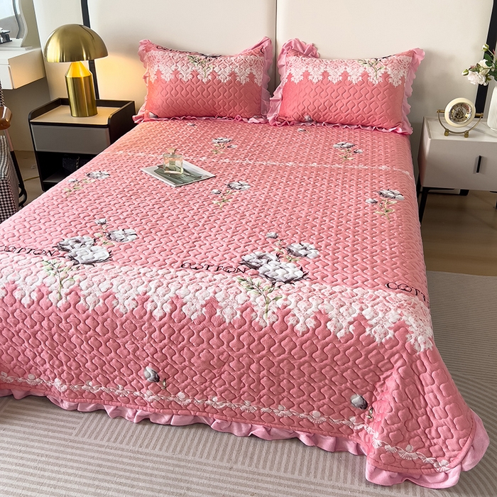 91家纺网 家纺一手货源 找家纺 2025新款水晶绒床单盖毯单人三件套花边毯子冬季加厚保暖双人加棉防滑绒毯 木棉花粉