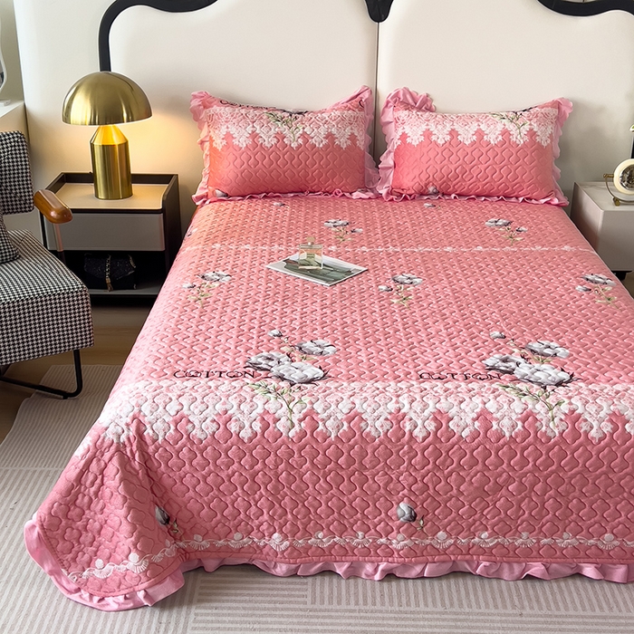 91家纺网 家纺一手货源 找家纺 2025新款水晶绒床单盖毯单人三件套花边毯子冬季加厚保暖双人加棉防滑绒毯 木棉花粉