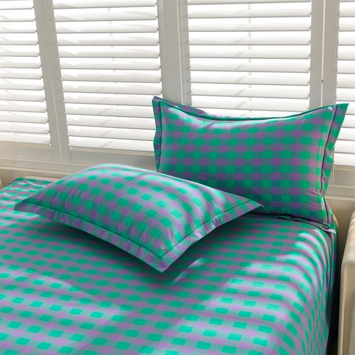 91家纺网 家纺一手货源 找家纺 润淳家居 2025新款A类全棉水洗棉四件套三件套 蓝紫三分格