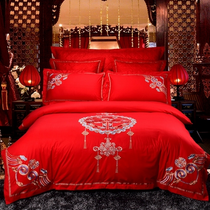 91家纺网 家纺一手货源 找家纺 （总）慕她家纺 2025慕她婚庆四件套大红色全棉纯棉刺绣结婚床上用品-系列二