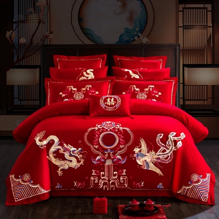 91家纺网 家纺一手货源 找家纺 （总）慕她家纺 2025慕她婚庆四件套大红色全棉纯棉刺绣结婚床上用品-系列二