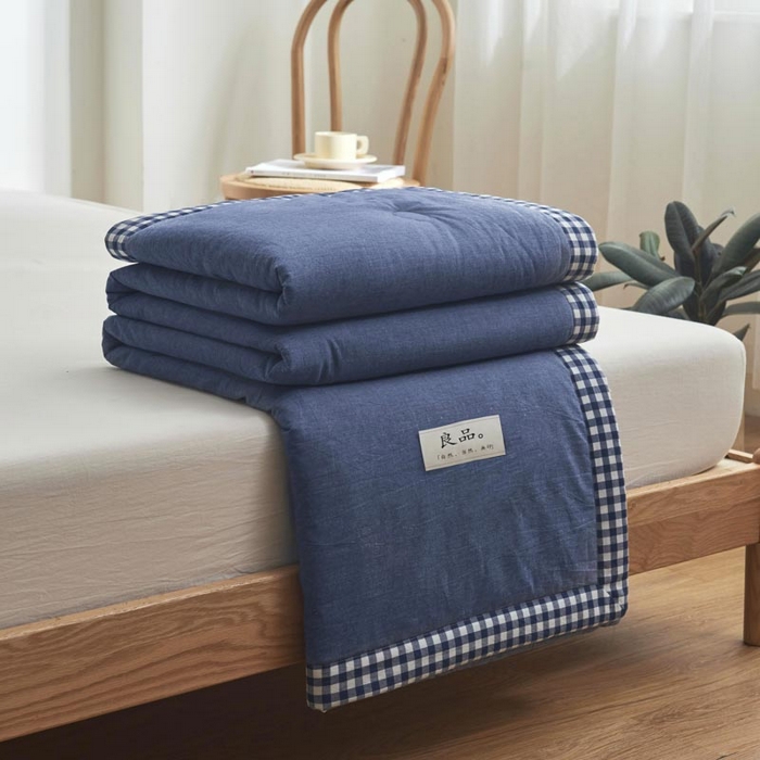 91家纺网 家纺一手货源 找家纺 子由家居 2025新款水洗棉棋盘格织标大豆纤维夏被被子被芯 棋盘格边夏被-深蓝