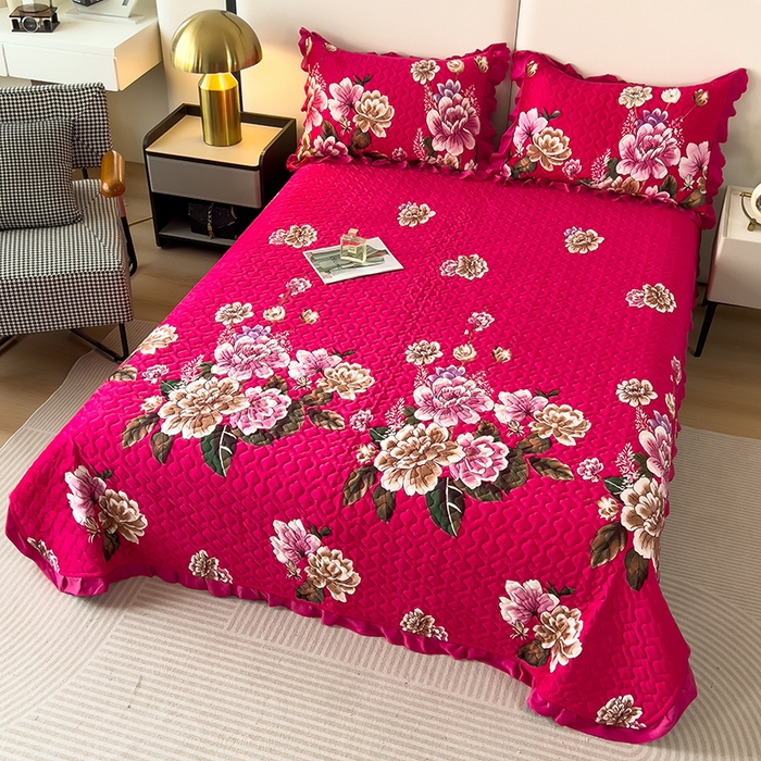 91家纺网 家纺一手货源 找家纺 2025新款水晶绒床单盖毯单人三件套花边毯子冬季加厚保暖双人加棉防滑绒毯 玫红蝶恋花