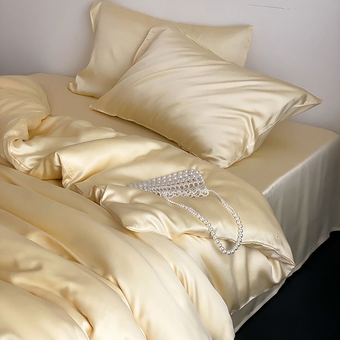 91家纺网 家纺一手货源 找家纺 繁花家居  2025新款亲肤舒适A类高支密冰丝素色冰丝四件套-风格一 黄桃蜜恋