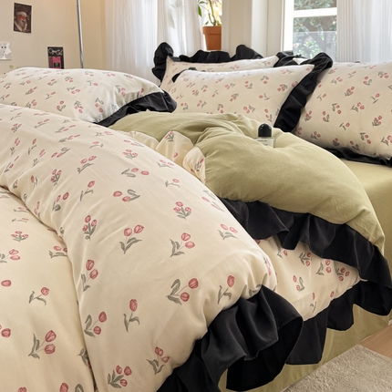 91家纺网 家纺一手货源 找家纺 首尔家纺 2025新款针织双层纱四件套系列 郁金香