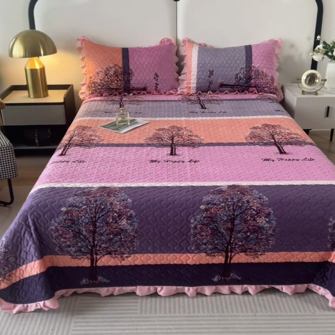 91家纺网 家纺一手货源 找家纺 2025新款水晶绒床单盖毯单人三件套花边毯子冬季加厚保暖双人加棉防滑绒毯 粉色发财树