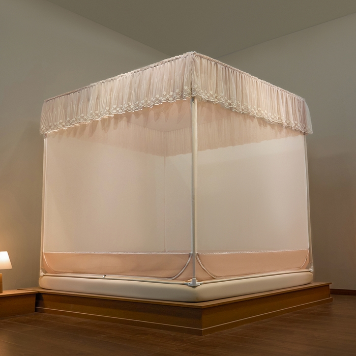 91家纺网 家纺一手货源 找家纺 飞轮海蚊帐 2025新款浪漫花边床笠款三开门方顶蚊帐-Z98 香槟