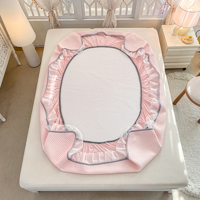 91家纺网 家纺一手货源 找家纺 眠势力 2025新款华夫格花边床笠豆豆凉席款夏季凉感床垫保护套 （提供买家秀） 奶油粉