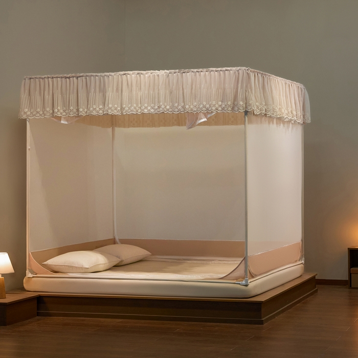 91家纺网 家纺一手货源 找家纺 飞轮海蚊帐 2025新款浪漫花边床笠款三开门方顶蚊帐-Z98 香槟