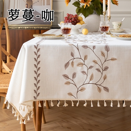 南通大梧纺织 2025新款植物系绣花桌布（防水） 萝蔓-咖