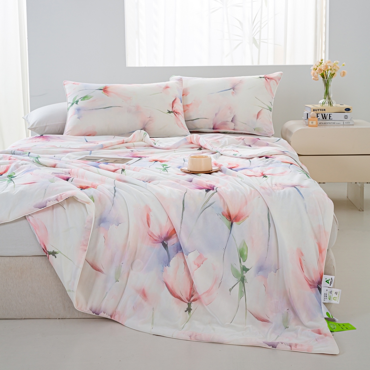 91家纺网 家纺一手货源 找家纺 欧雅搁家纺 2025新款3D数码印花有氨冷感冰激淋凉感丝夏被空调被大豆纤维被子夏凉被 沐语花开