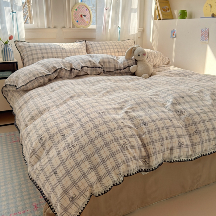 91家纺网 家纺一手货源 找家纺 淑女公社家纺 2025春夏新款 贝壳边双层纱套件 格子蝴蝶结