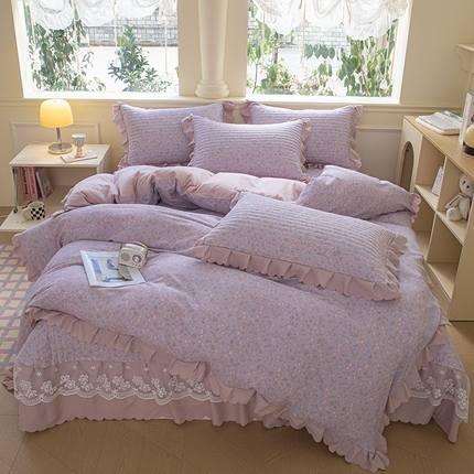 珍爱家纺 2025新款A类针织棉双层纱夹棉床盖床裙花边单件三件四件套 紫苏
