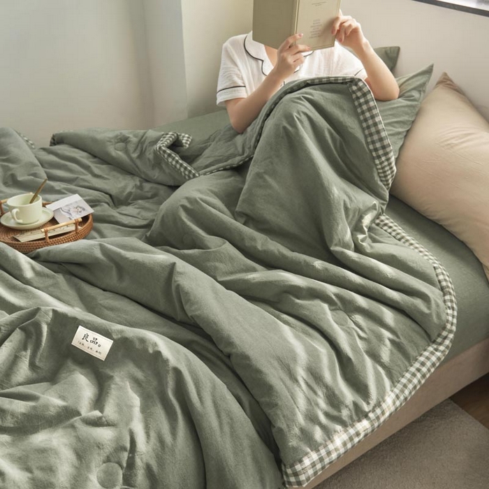 91家纺网 家纺一手货源 找家纺 子由家居 2025新款水洗棉棋盘格织标大豆纤维夏被被子被芯 棋盘格边夏被-豆绿