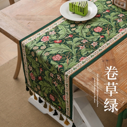 南通大梧纺织 2025新款桌旗-SD仿棉麻 卷草绿-卷草绿