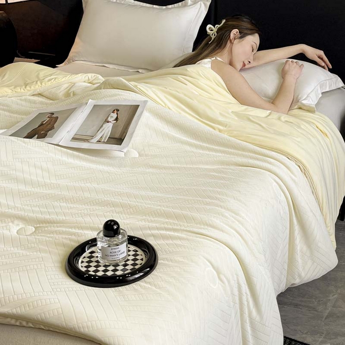 91家纺网 家纺一手货源 找家纺 子由家居 2025新款凉感丝浮雕提花大豆夏被被子被芯 经典格-米白