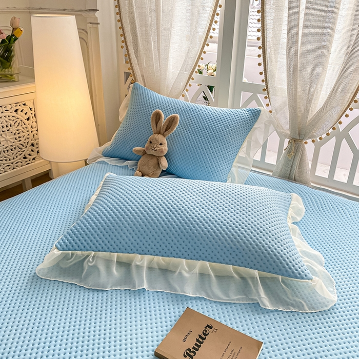 91家纺网 家纺一手货源 找家纺 眠势力 2025新款华夫格花边床笠豆豆凉席款夏季凉感床垫保护套 （提供买家秀） 天空蓝