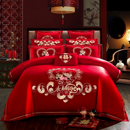 91家纺网 家纺一手货源 找家纺 （总）慕她家纺 2025慕她婚庆四件套大红色全棉纯棉刺绣结婚床上用品-系列二