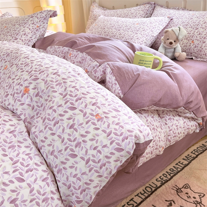 91家纺网 家纺一手货源 找家纺 大吉 2025新款100全棉纯棉喷气小清新被套四件套纯棉三件套床笠四件套单被套单枕套 紫薰