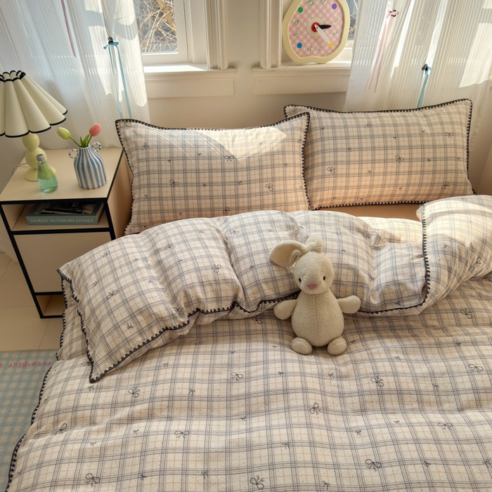 91家纺网 家纺一手货源 找家纺 淑女公社家纺 2025春夏新款 贝壳边双层纱套件 格子蝴蝶结