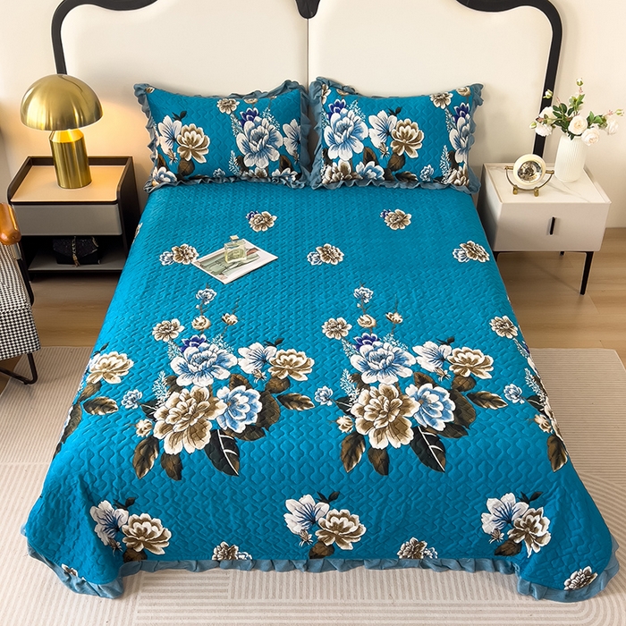 91家纺网 家纺一手货源 找家纺 2025新款水晶绒床单盖毯单人三件套花边毯子冬季加厚保暖双人加棉防滑绒毯 蓝色蝶恋花
