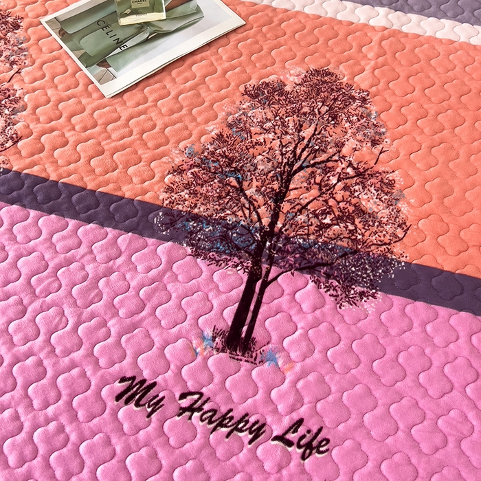 91家纺网 家纺一手货源 找家纺 2025新款水晶绒床单盖毯单人三件套花边毯子冬季加厚保暖双人加棉防滑绒毯 粉色发财树