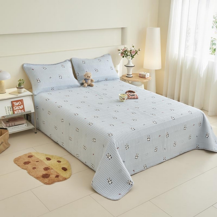 91家纺网 家纺一手货源 找家纺 子由家居 2025新款纯棉印花夹棉床盖 棉花被-熊猫乐园