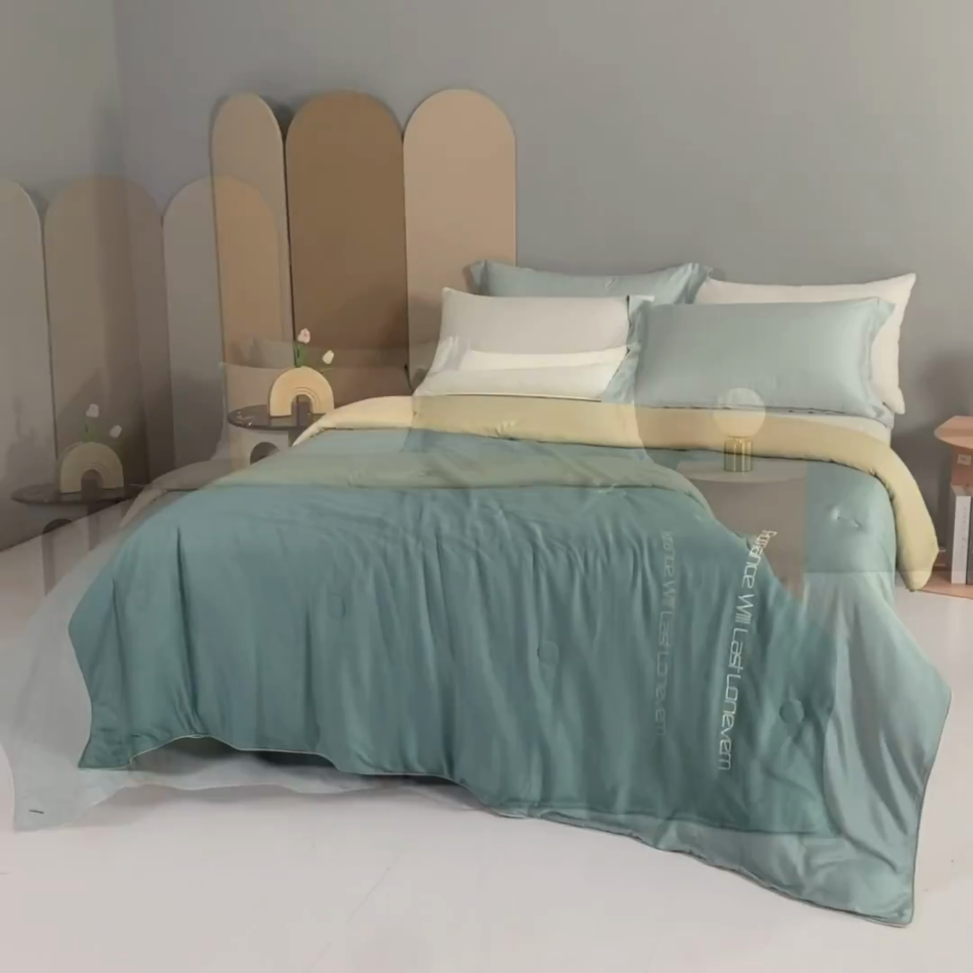 91家纺网 家纺一手货源 找家纺 子由家居 2025新款水洗真丝轻奢绣花系列夏被四件套 轻奢绣花-松绿