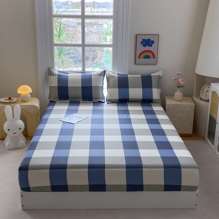 91家纺网 家纺一手货源 找家纺 凌云2025新款13372A类全棉床笠    蓝大格