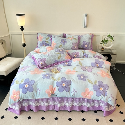 91家纺网 家纺一手货源 找家纺 （总）珍爱家纺 2025新款冬季加厚夹棉保暖牛奶绒蕾丝花边床盖床裙单件三件套双人四件套