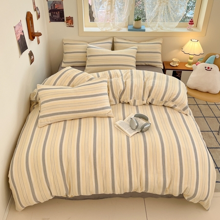 91家纺网 家纺一手货源 找家纺 艾咪-Amy ntmy 2025新款条纹款全棉双层皱皱纱四件套 小半粉米