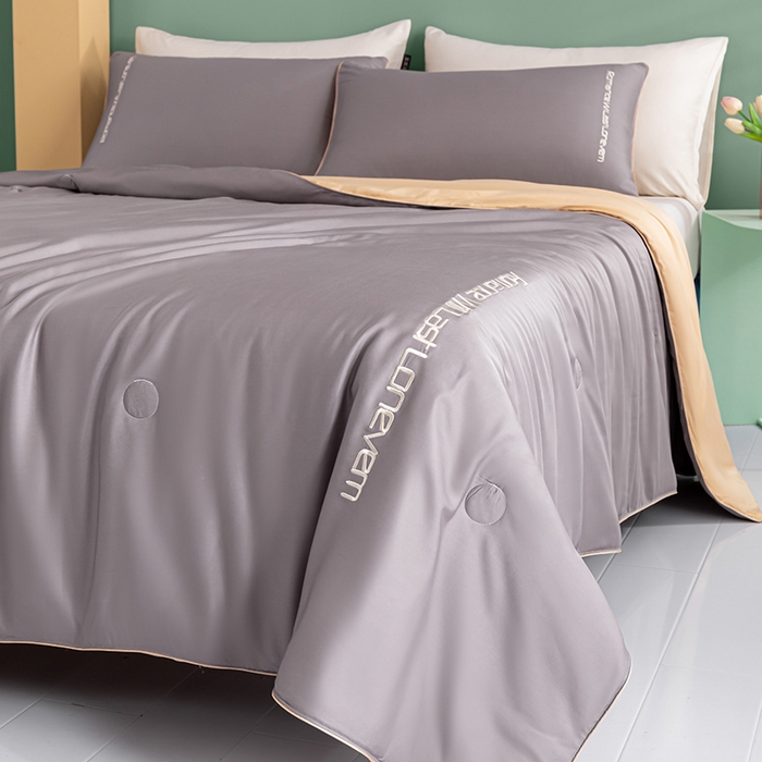 91家纺网 家纺一手货源 找家纺 子由家居 2025新款水洗真丝轻奢绣花系列夏被四件套 轻奢绣花-英伦灰