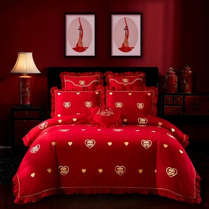 91家纺网 家纺一手货源 找家纺 （总）慕她家纺 2025慕她婚庆四件套大红色全棉纯棉刺绣结婚床上用品-系列二