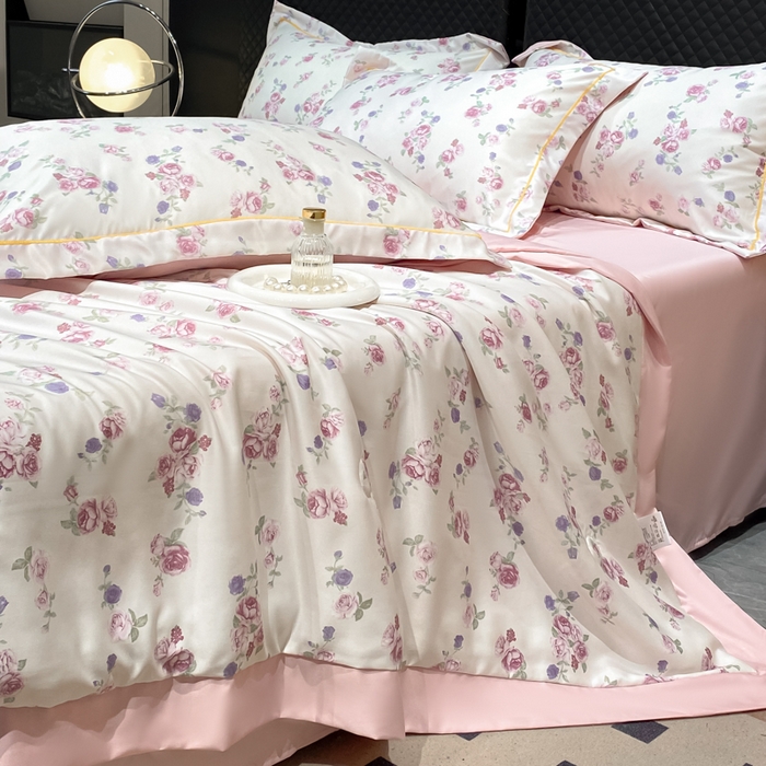 91家纺网 家纺一手货源 找家纺 绘萱2025爆款直播印花水洗天丝夏被四件套凉感水洗真丝冰丝夏凉被空调被花期