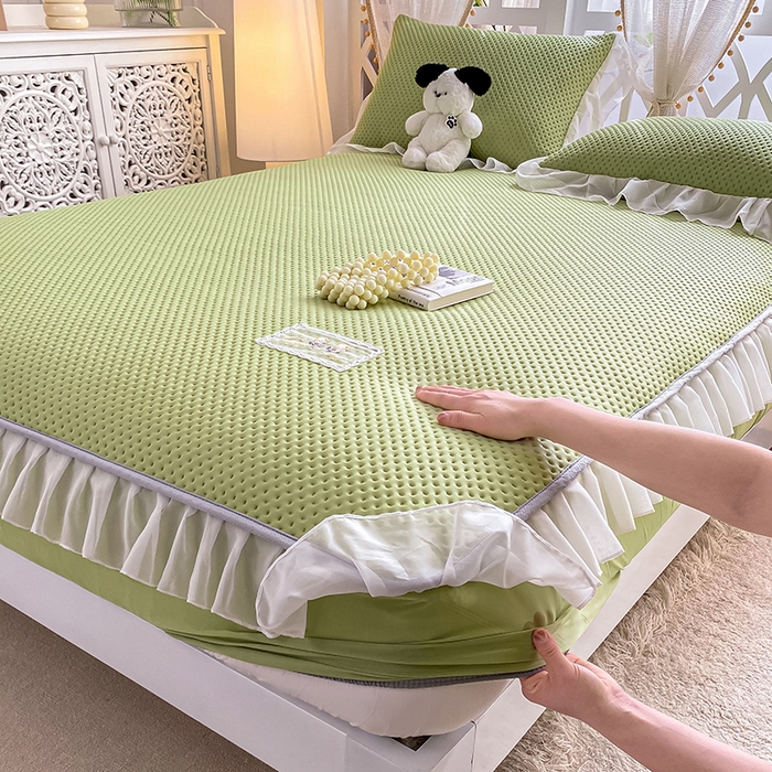 91家纺网 家纺一手货源 找家纺 眠势力 2025新款华夫格花边床笠豆豆凉席款夏季凉感床垫保护套 （提供买家秀） 西瓜绿