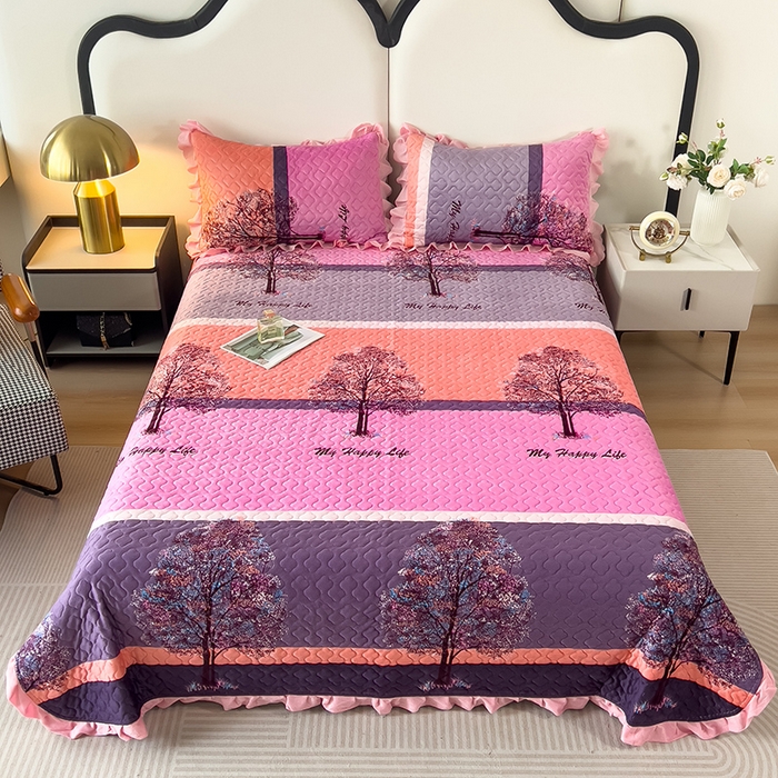 91家纺网 家纺一手货源 找家纺 2025新款水晶绒床单盖毯单人三件套花边毯子冬季加厚保暖双人加棉防滑绒毯 粉色发财树