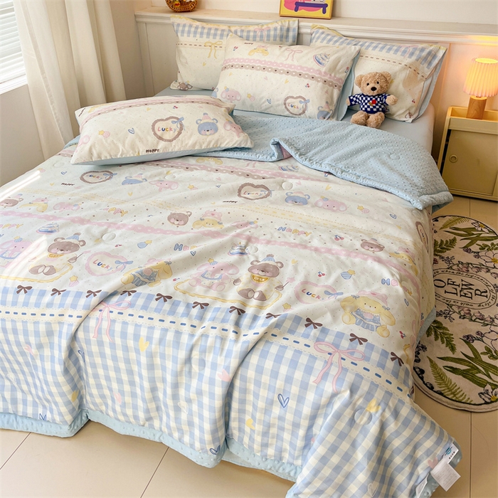 91家纺网 家纺一手货源 找家纺 盛秋家纺 2026新款A类水洗棉豆豆夏被系列 开心派对+天空蓝