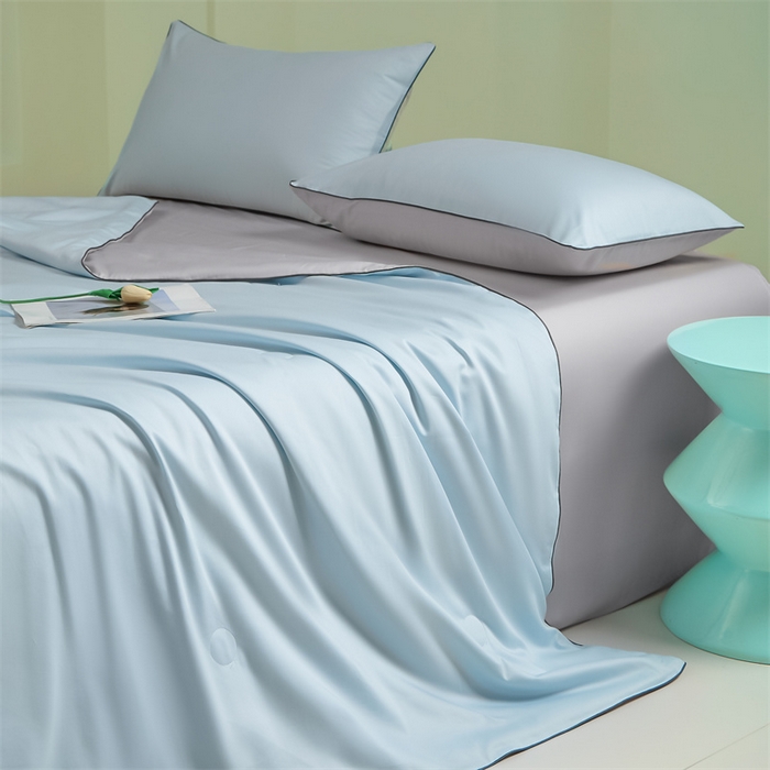 91家纺网 家纺一手货源 找家纺 笙意家纺 2025新款凉感水洗真丝麻绳双拼夏凉被-华尔兹系列 华尔兹-天空蓝+山灰