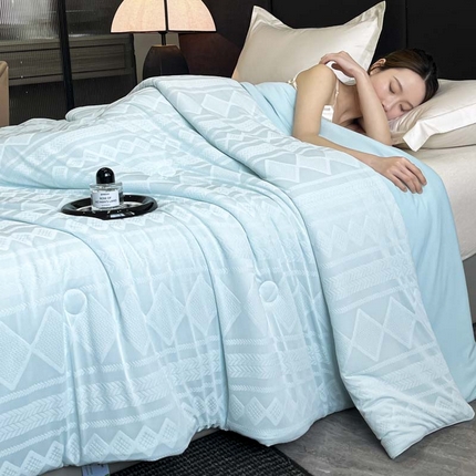 子由家居 2025新款凉感丝浮雕提花大豆夏被被子被芯 菱形纹-天蓝
