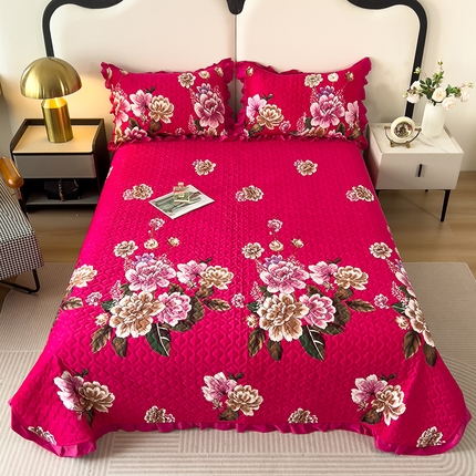 2025新款水晶绒床单盖毯单人三件套花边毯子冬季加厚保暖双人加棉防滑绒毯 玫红蝶恋花